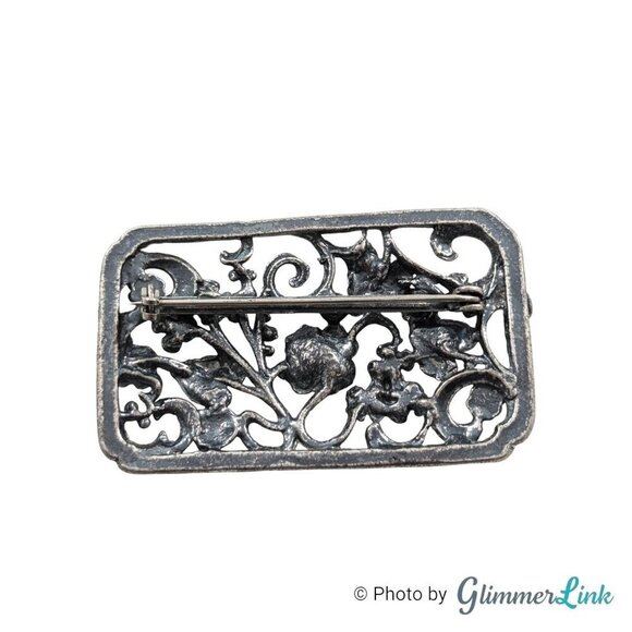 VTG Art Nouveau Style Rectangular Floral Ornate Rhinestone Silver Tone Brooch - Picture 5 of 9